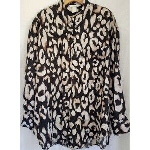 H&M 100% Linen Oversized Small Blouse Button Down Long Sleeve Animal Print Top